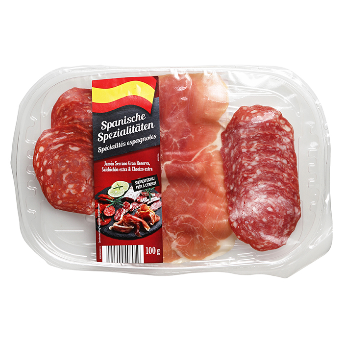 Spanische Aufschnitt-Spezialitäten Jamon Serrano, Salchichon, Chorizo